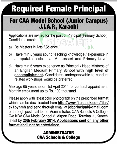Principal Jobs for Female in CAA Model School Karachi