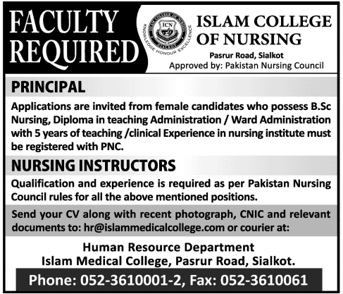 Principal Jobs for Female in Islam College of Nursing Sialkot