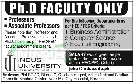 Professor & Associate Professor Jobs in Indus University Karachi