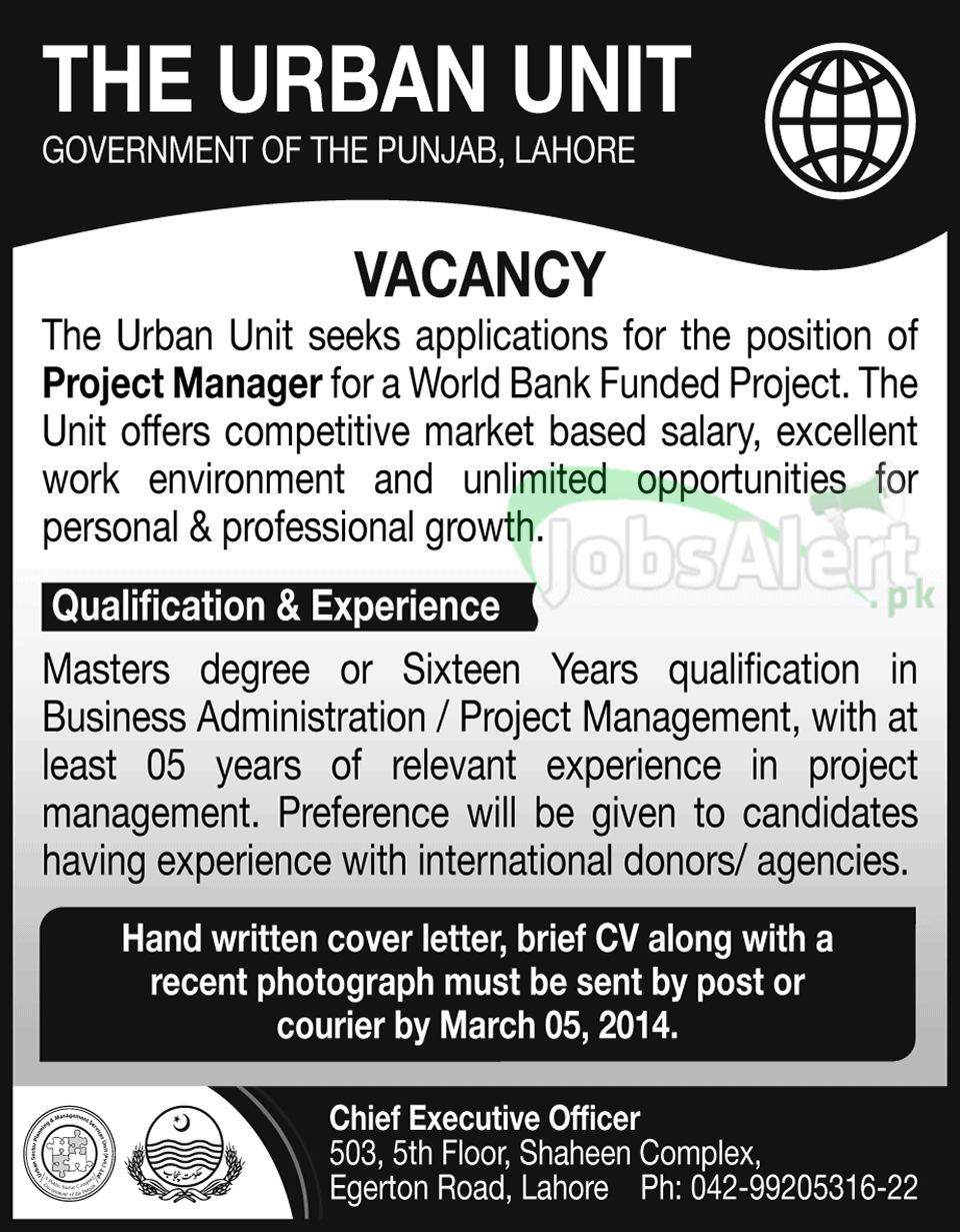 Project Manager Jobs in The Urban Unit Govt. of the Punjab LHR