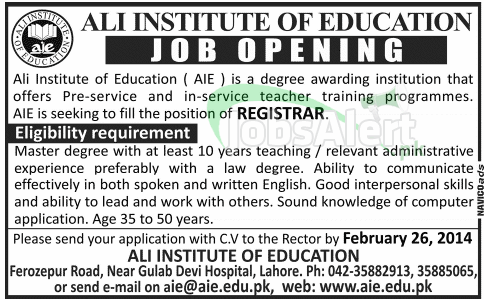 Registrar Jobs in Ali Institute Of Education Lahore