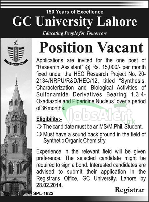 Research Assistant Jobs in GC University Lahore
