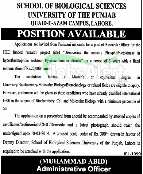 Research Officer Jobs 2014 in University of the Punjab Lahore