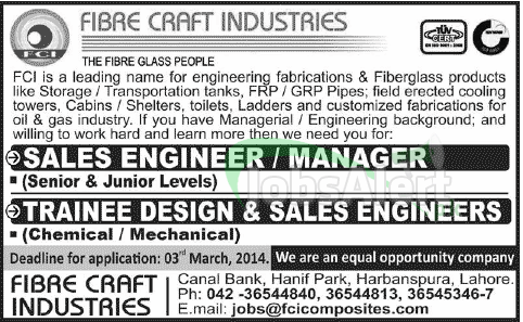 Sales Manager & Engineer Jobs in Fibre Craft Industries Lahore