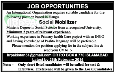 Social Mobilizer Jobs in International Organization Islamabad