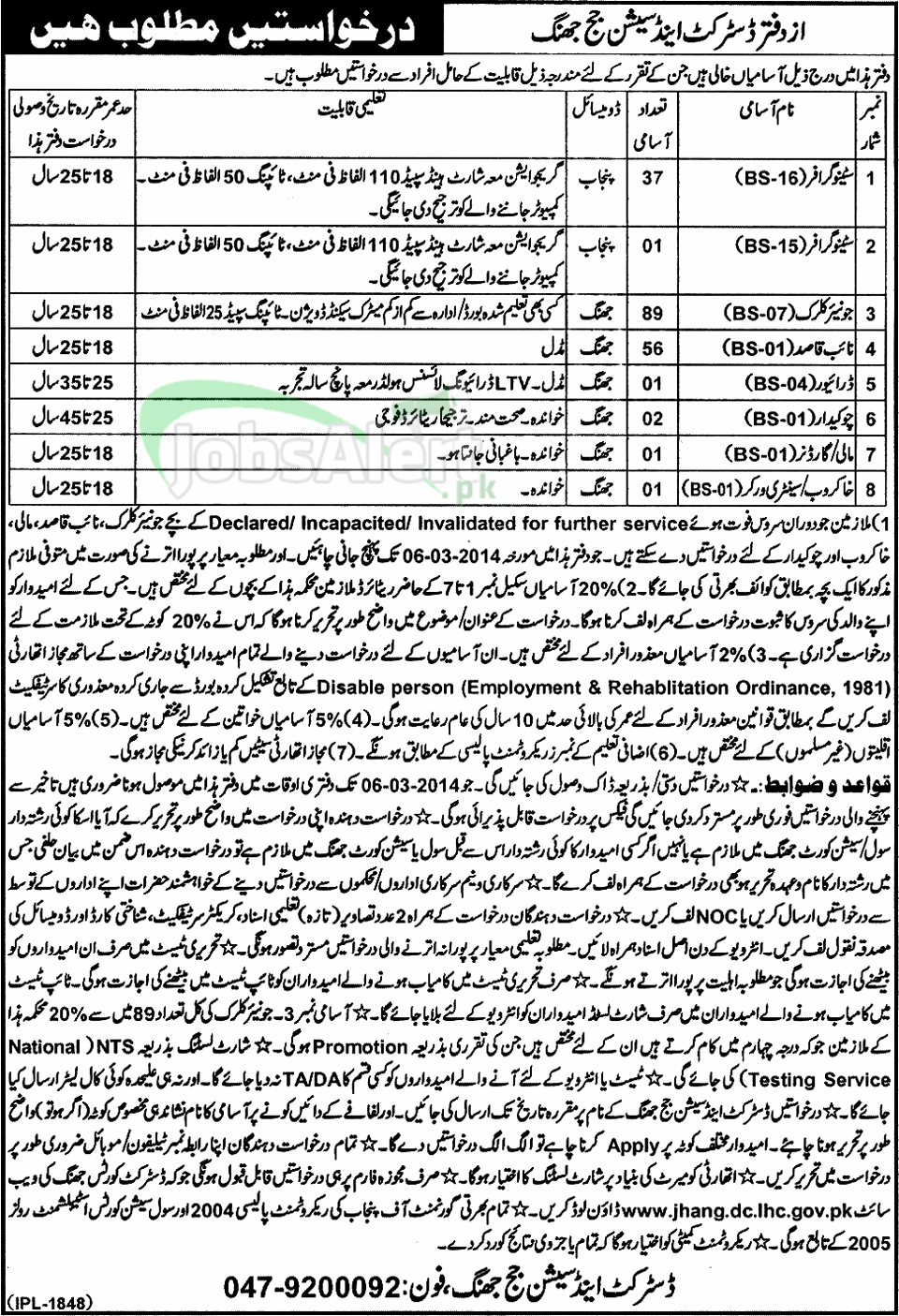 Stenographer Jobs 2014 in District & Session Judge Jhang