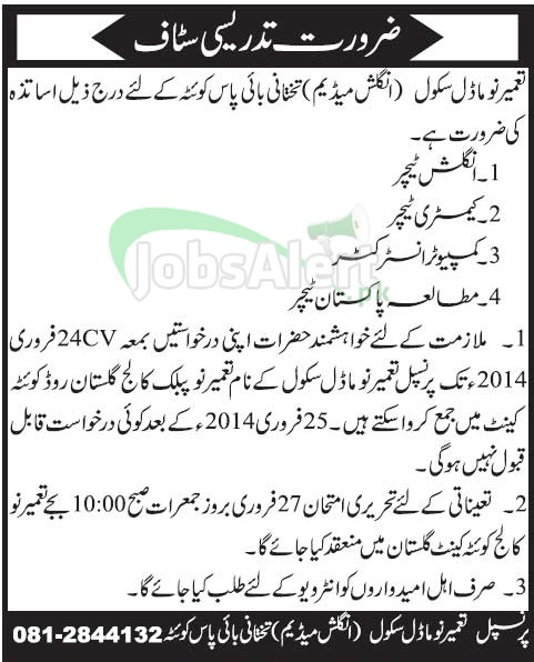 Teacher Jobs in Tameer-e-Nau Model School Quetta