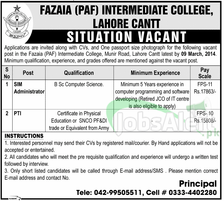 Administrator Jobs in Fazaia (PAF) Intermediate College Lahore