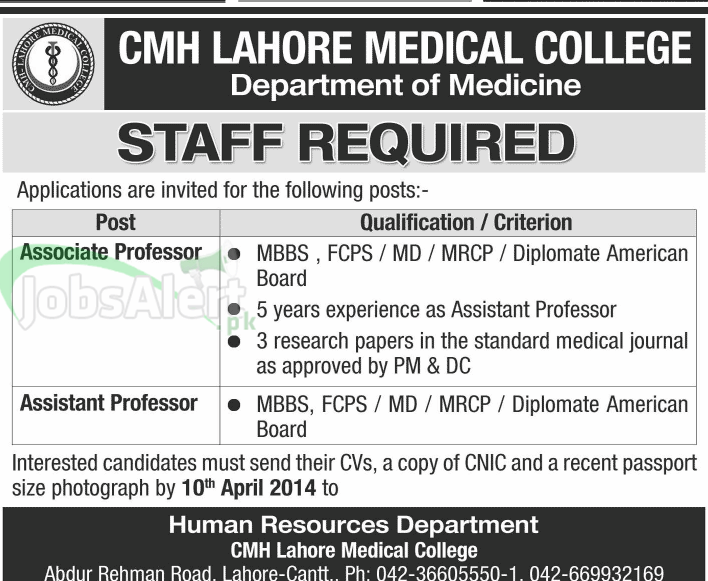 Associate & Asst. Professor Jobs in CMH Lahore Medical College
