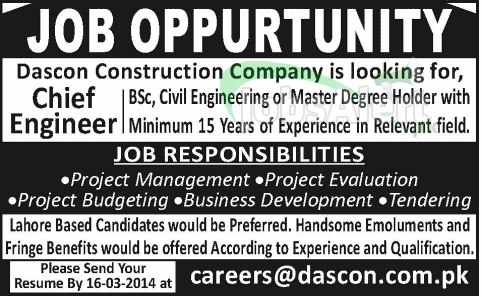 Chief Engineer Jobs in Dascon Construction Company Lahore