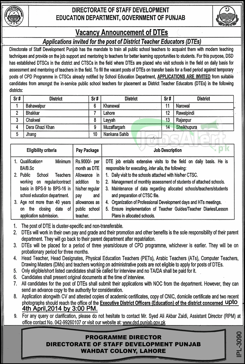 DTEs Jobs 2014 in 14 Districts Govt Development Education Department