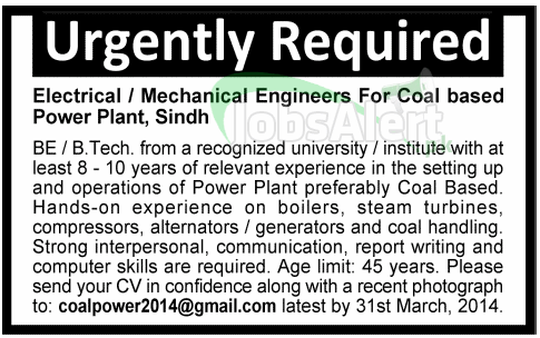 Electrical & Mechanical Engineer Jobs in Coal Power Plant Sindh