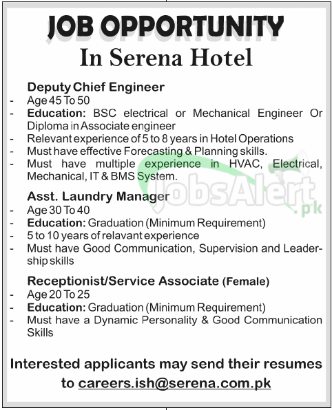 Engineer, Manager & Receptionist Jobs Serena Hotel Islamabad