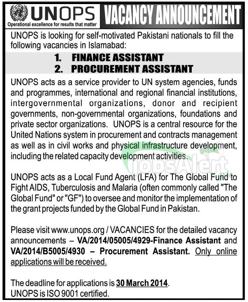 Finance & Procurement Assistant Jobs in UNOPS Islamabad