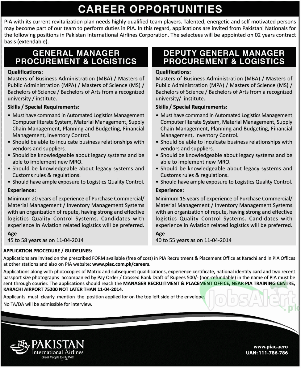 General Manager Jobs Pakistan International Airline PIA Karachi