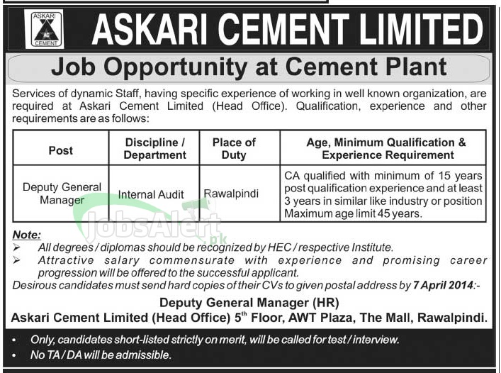 General Manager Jobs in Askari Cement Limited Rawalpindi
