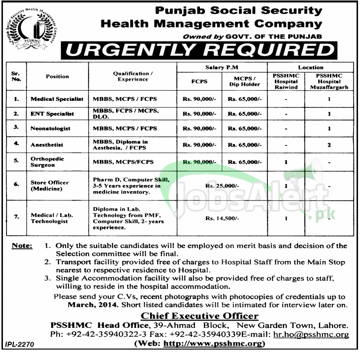 Govt Jobs in Punjab Social Security Health Management Company LHR