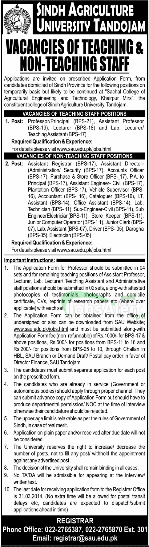 Govt. Jobs 2014 in Sindh Agriculture University Tandojam