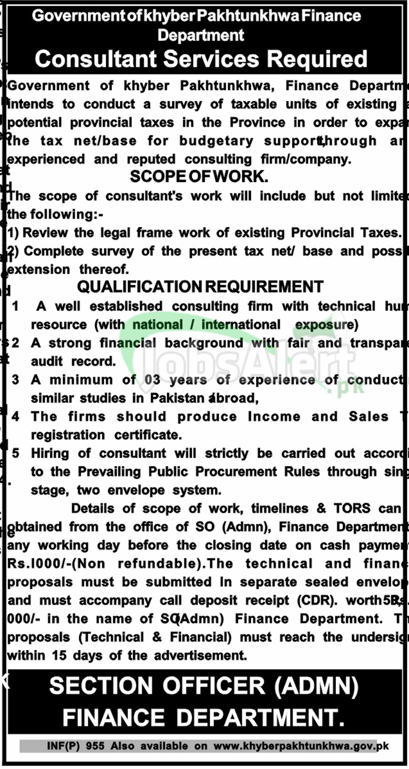 Govt. of Khyber Pakhtunkhwa Consultant Jobs in Finance Department