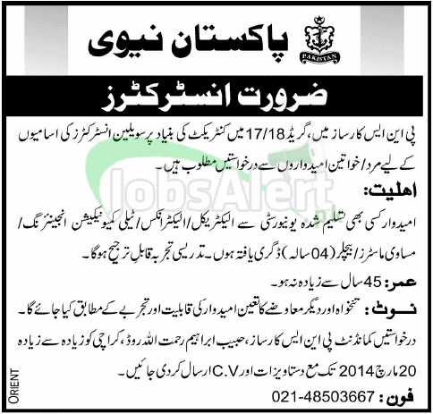 Instructor Govt. Jobs 2014 in Pakistan Navy Karachi