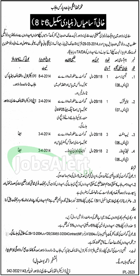 Junior Clerk in Wildlife & Parks Development Punjab Lahore