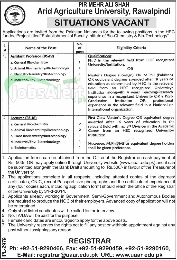 Lecturer & Asst. Jobs in Arid Agriculture University, Rawalpindi