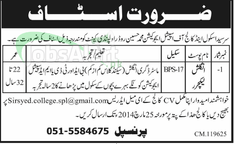 Lecturer Jobs in Sir Syed School & College Special Edu. Rawalpindi
