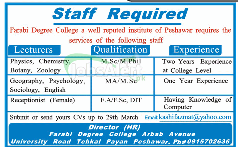 Lecturer & Receptionist Jobs in Farabi Degree College Peshawar