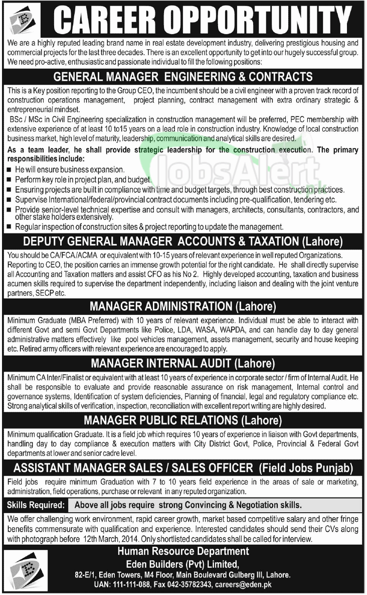 Manager Accounts Jobs 2014 in Eden Builders Pvt. Limited Lahore
