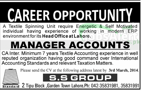 Manager Accounts Jobs 2014 in S.S Group Lahore