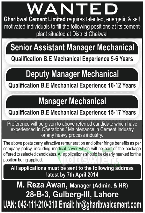 Manager & Assistant Manager Jobs in Gharibwal Cement Ltd. LHR