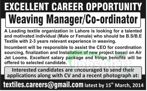 Manager & Coordinator Jobs in Textile Organization Lahore