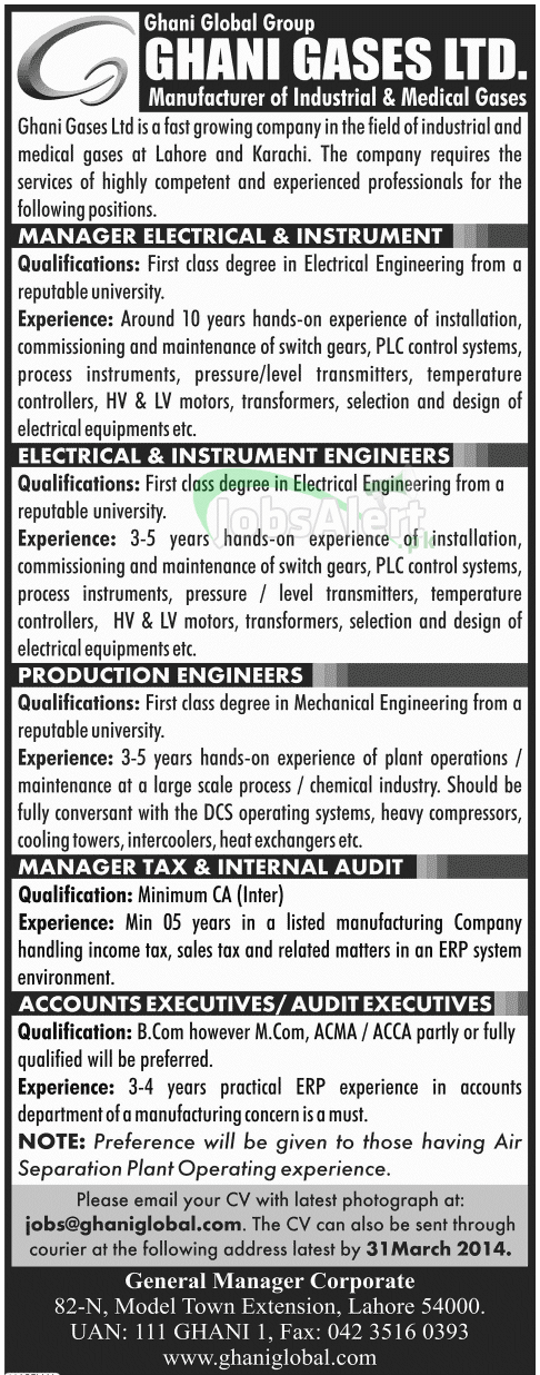 Manager & Engineer Jobs in Ghani Gases Ltd Lahore