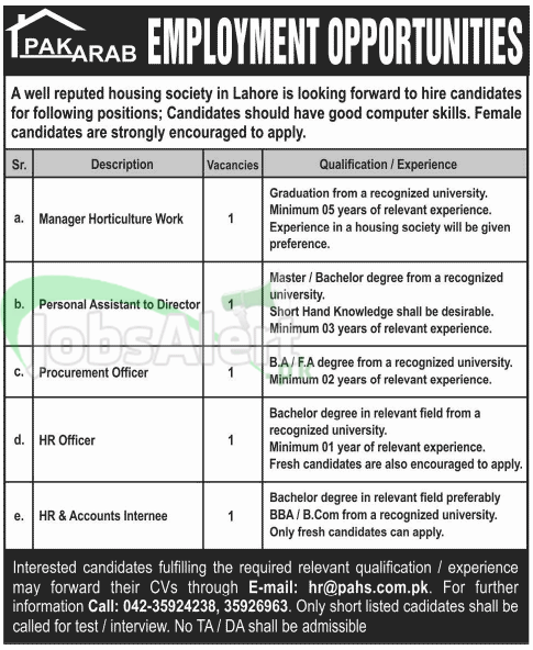  Manager & HR Officer Jobs in Pak Arab Housing Society Lahore