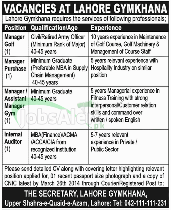 Manager, Internal Auditor & Assistant Jobs in Lahore Gymkhana