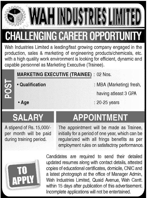 Marketing Executive Trainee Jobs in Wah Industries Ltd. Wah Cantt