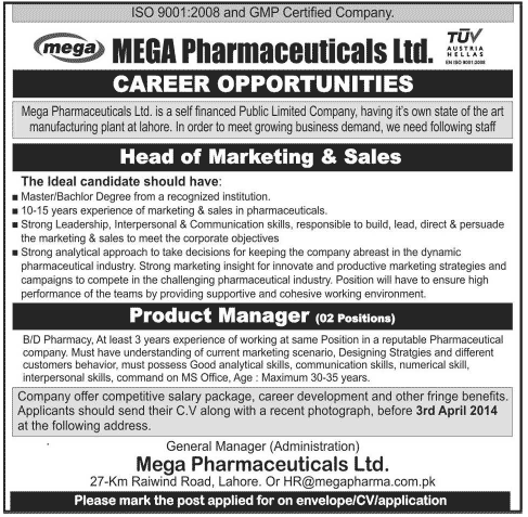 Marketing & Sales Jobs in Mega Pharmaceuticals Ltd. Lahore