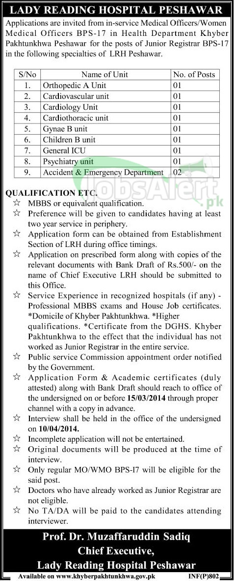Medical Officer Jobs in Lady Reading Hospital Peshawar KPK