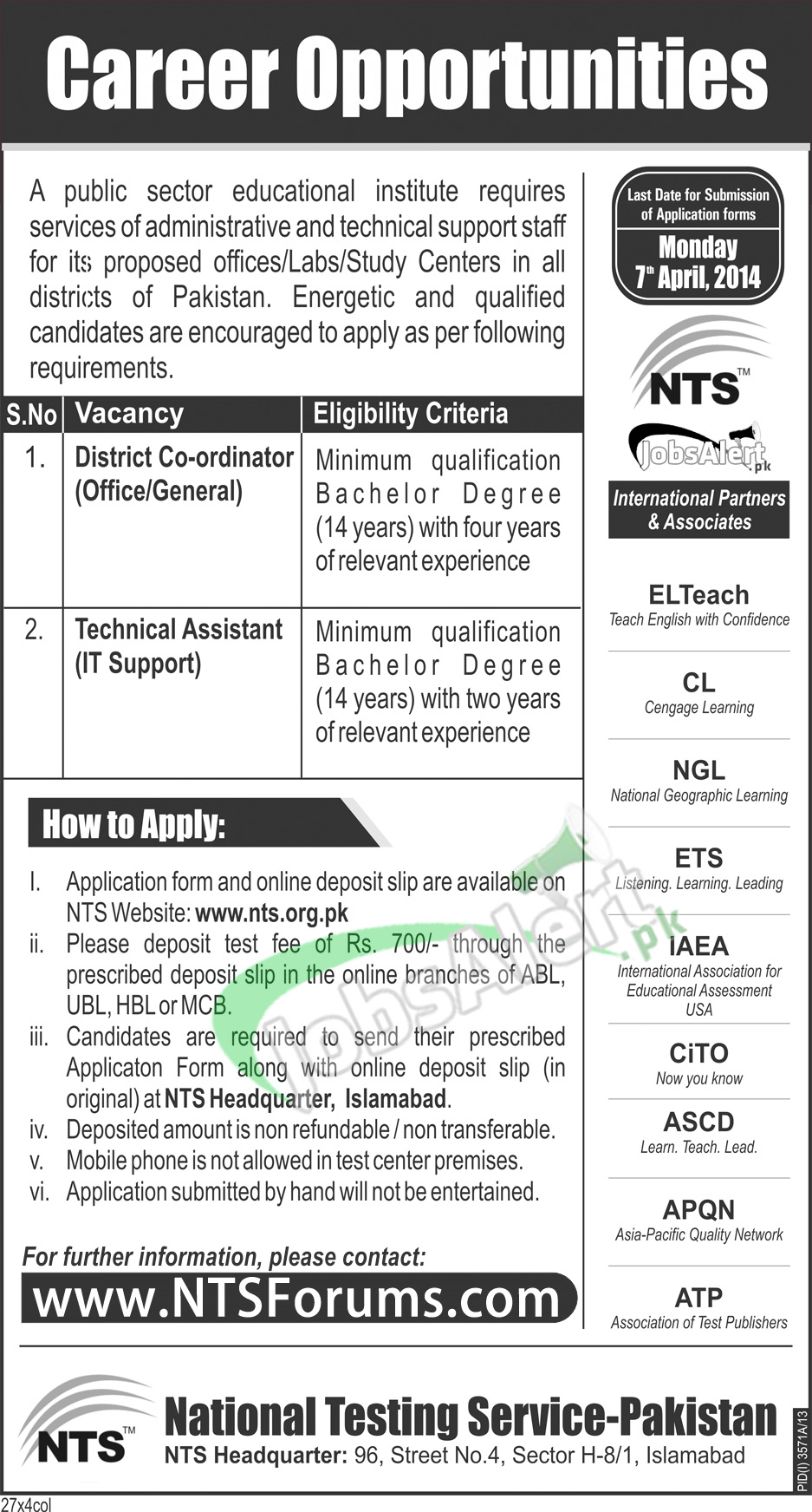 NTS Jobs 2014 Test for Officer & IT Support in Public Sector Educational