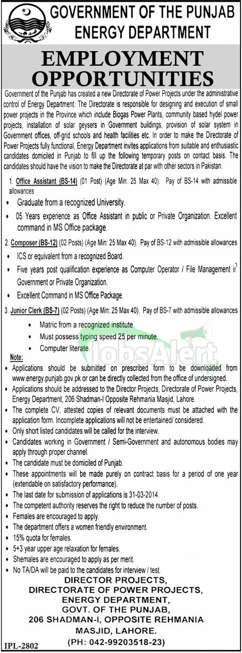 Office Assistant Jobs Govt. of the Punjab Energy Department LHR