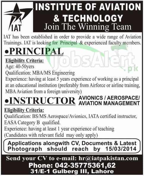Principal Jobs in Institute of Aviation & Technology Lahore