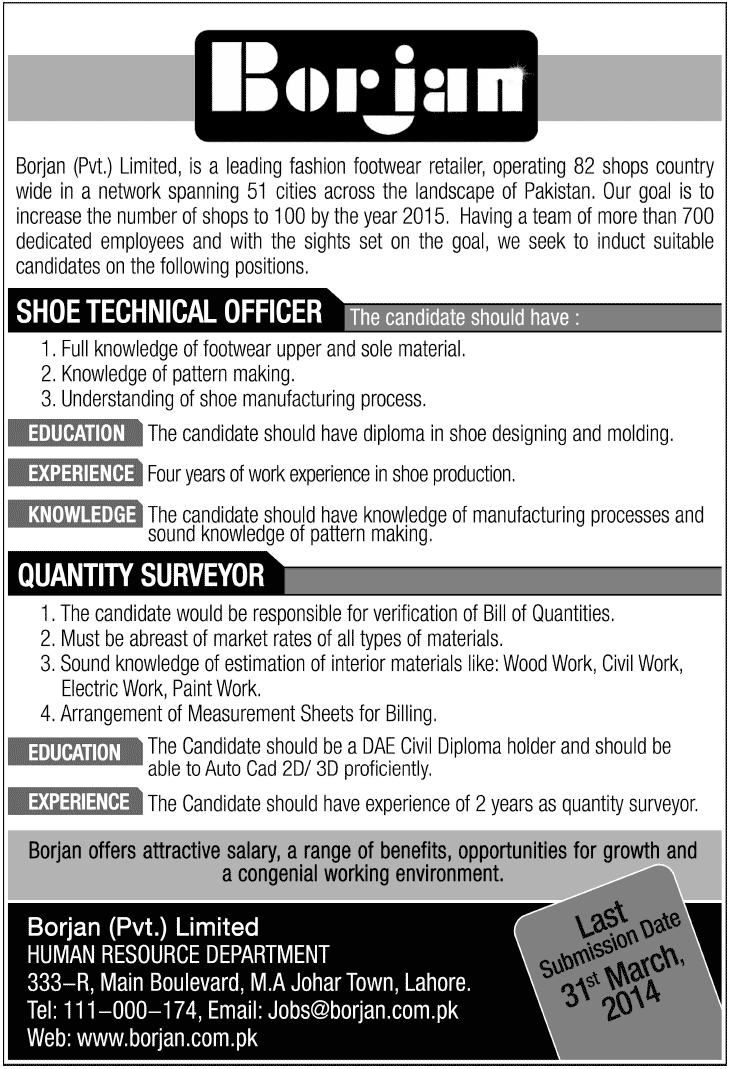 Quantity Surveyor & Technical Officer Jobs in Borjan Pvt. Ltd. LHR