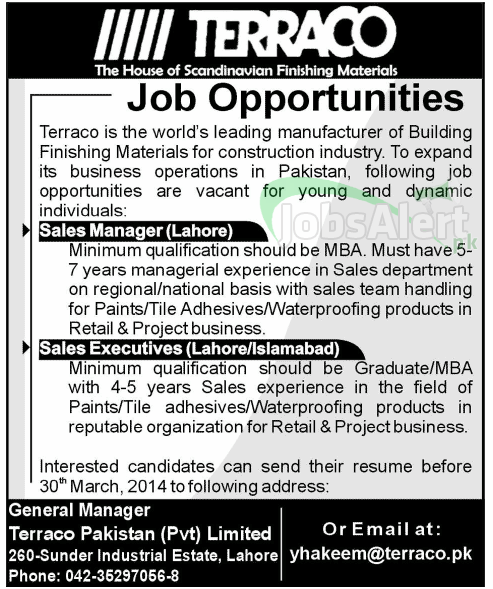 Sales Executive & Manager Jobs in Terraco Pakistan Pvt. Ltd. LHR