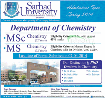 Sarhad University Peshawar 2014 Fall Admissions For M.Sc & MS