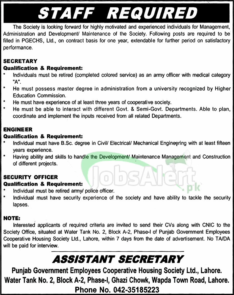 Secretary & Engineer Govt. Jobs PGECHS, Ltd. Lahore 2014