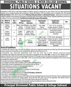 Teacher Jobs 2014 in Divisional Public School and Inter College Sahiwal