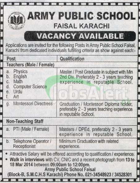 Teacher Jobs Male & Female Jobs in Army Public School Karachi