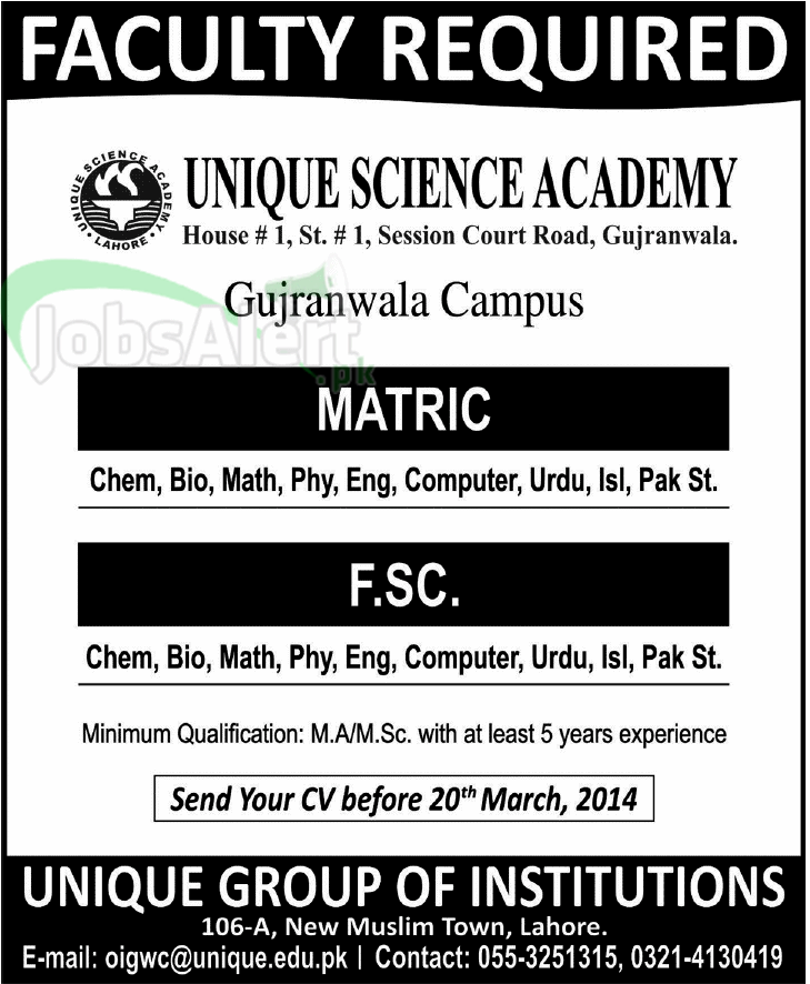 Teacher Jobs in Unique Science Academy Gujranwala
