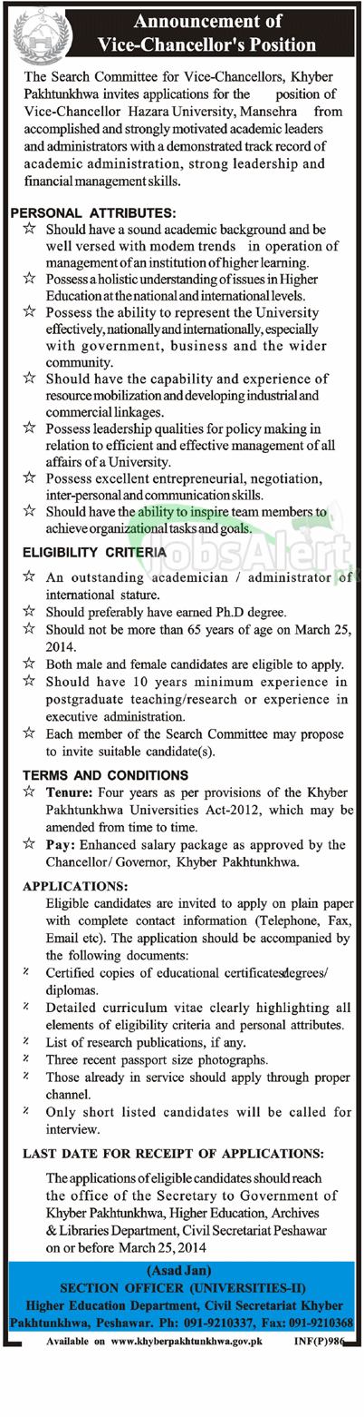 Vice Chancellor Jobs in Hazara University Mansehra KPK