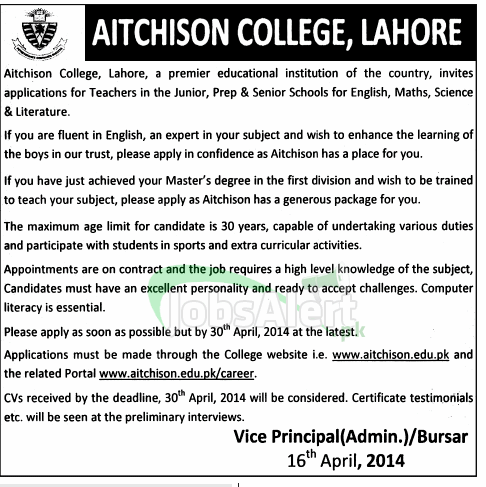 Aitchison College Jobs For Teacher 2014 Lahore